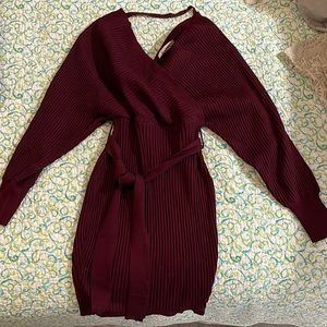 Maroon deep V sweater dress